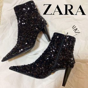Zara Black Sequin Ankle Boots US 6.5